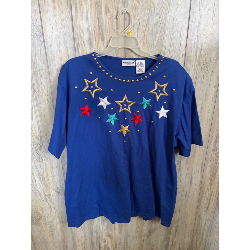 Vintage Bonnie Blain Royal Blue Star Studded Embroidered T-Shirt USA Made